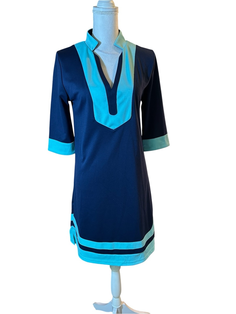Vera Fishbaugh Navy Blue Shift Dress with Turquoise Trim